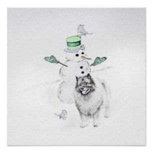 Póster Keeshond Christmas Snowman Pinting Art