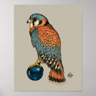 Poster Kestrel americano em uma bola de vidro azul