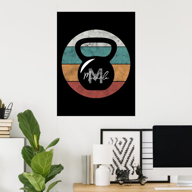 Poster Kettlebell vintage com monograma personalizado nom (Escritório em casa)