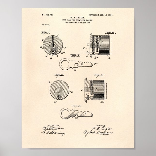 Poster Key Tumbler Locks 1904 Patent Art Old Peper (Frente)