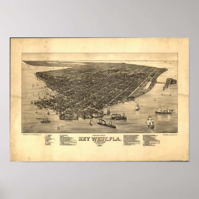 Póster Key West Florida 1884 Panorâmica Map (Frente)