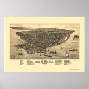 Póster Key West, mapa panorâmico de FL - 1884