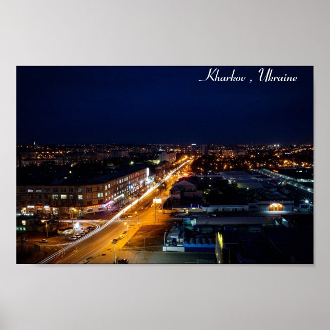 Poster Kharkov, Ucrânia, luzes da cidade noturna (Frente)