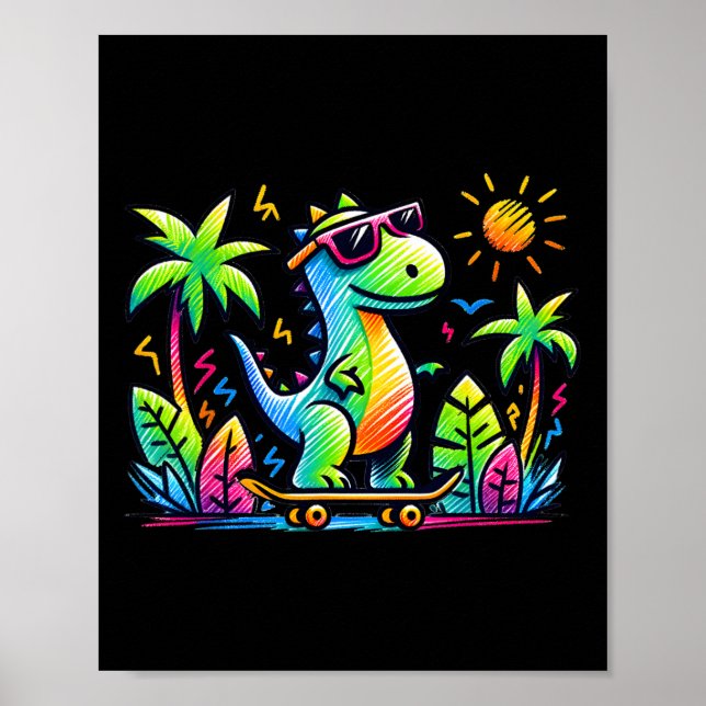 Poster Kidcore Aesthetic Dinosaur Skateboarding Doodle Al (Frente)