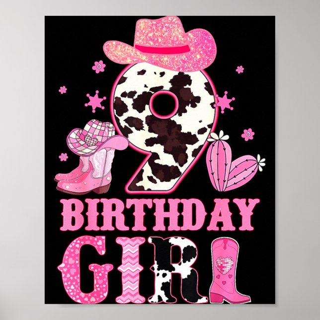 Poster Kids 9th Birthday Girl Rodeo Western Cowgirl Birth (Frente)