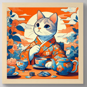 Poster Kimono Cat Bebendo Tea Japonês Orange Blue