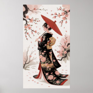 Poster Kimono e Cherry Blossoms