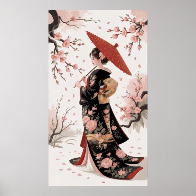 Poster Kimono e Cherry Blossoms (Frente)