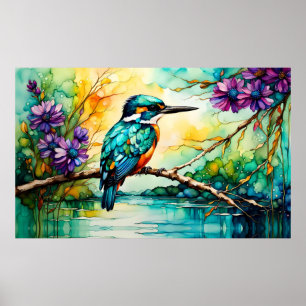 Poster Kingfisher perraçado sobre a água Flores selvagens