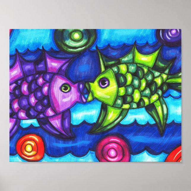 Poster Kissy Fish choramingando colorida arte de animais  (Frente)