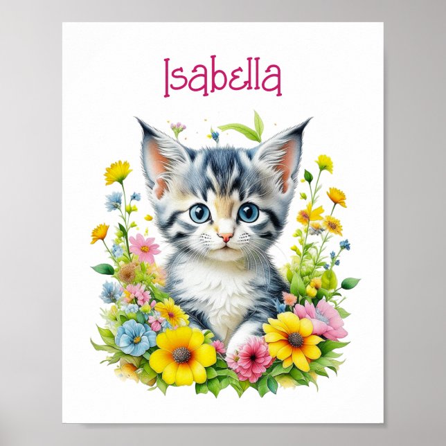 Poster Kit de aquarela Gatinho Flores Personalizado (Frente)