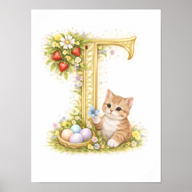 Poster Kit Inicial de Bebê com Letra T de Berçário Floral (Frente)