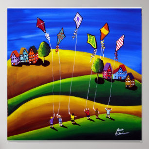 Poster Kite Flyers Folk Art Whimsical Canvas