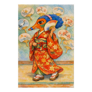 Póster Kitsune em Quimono com Rosas – Espírito da Raposa 