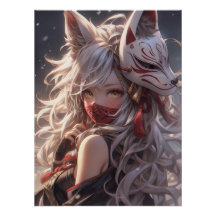 Kitsune Fox Mask Samurai Girl Japonês