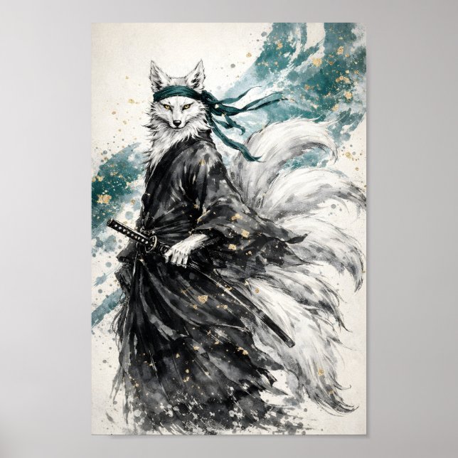 Poster Kitsune Raposa de Nove Caudas Samurai Arte em Tint (Frente)