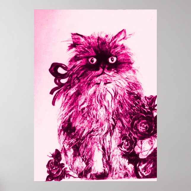 Póster KITTEN COM ROSAS, cor-de-rosa Branca de Fúchsia (Frente)