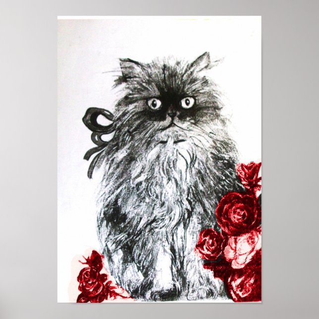 Póster KITTEN COM ROSAS, Preto Vermelho e Branco (Frente)