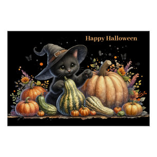 Póster Kitten da Bruxa Negra do Halloween W/ Pumpkins Gou
