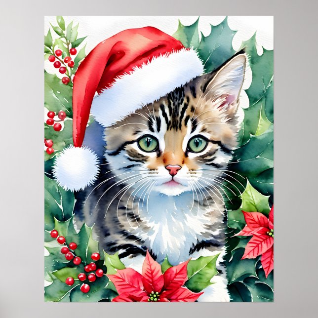 Poster Kitten Em Santa Hat, Arte Por Aquarela De Natal (Frente)