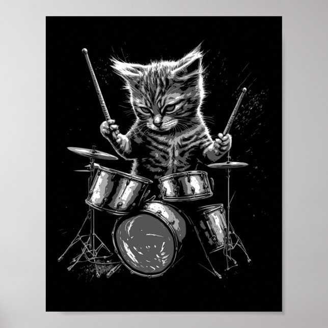 Poster Kitten Rock Banda Drummer Cat Tocando Tambores (Frente)