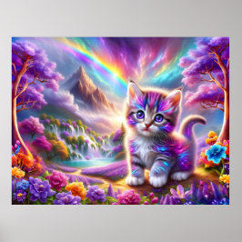 Poster Kitten Whimsical em uma paisagem de fantasia surre