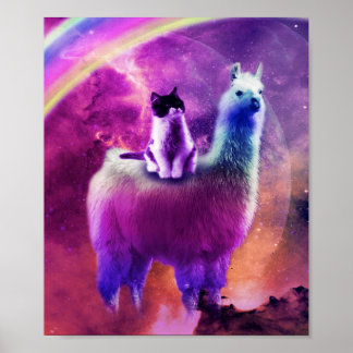 Poster Kitty Cat Andando No Arco-Íris Lama No Espaço