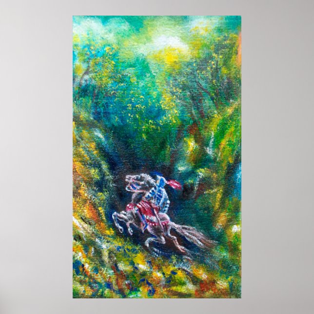 PÓSTER KNIGHT LANCELOT, HORSE ANDANDO NA FLORESTA VERDE (Frente)