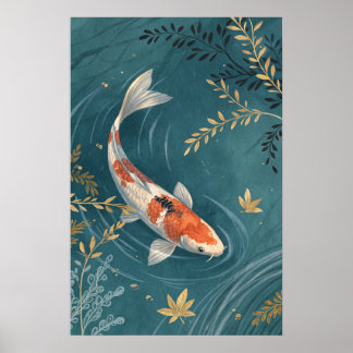 Poster Koi Fish Golden Leaves