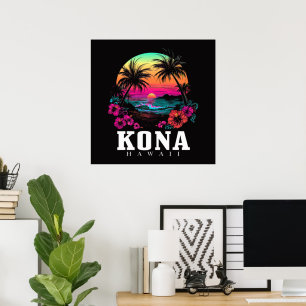 Poster Kona Havaí Flor de Hibisco Havaiano Surfista