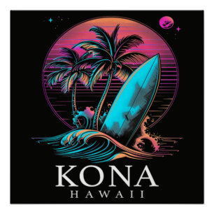 Póster Kona Havaí Prancheta de Surf Havaiana Vintage 
