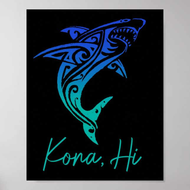 Poster Kona Hawaii Shark Diving Fishing Surfing Surfer Ha (Frente)