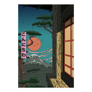 Póster Konnichiwa Pôr do Sol Japonês