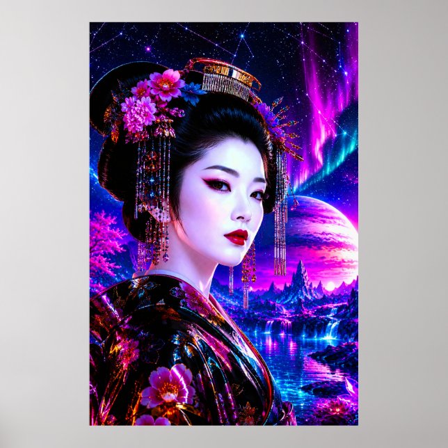 Poster Kosmische Geisha im Neon‑Traumland (Frente)