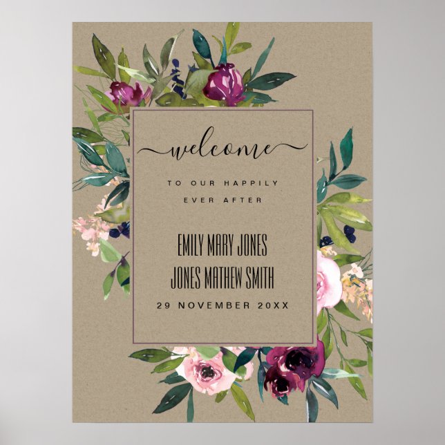POSTER KRAFT BLUSH BURGUNDY FLORAL BUNCH CASAMENTO BEM-VI (Frente)