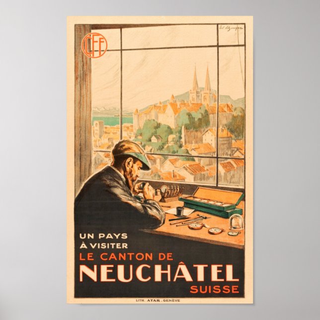 Poster Kraftsmen em Neuchatel, Suiça, viagens vintage (Frente)