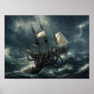 Poster Kraken Atacando Navio Steampunk