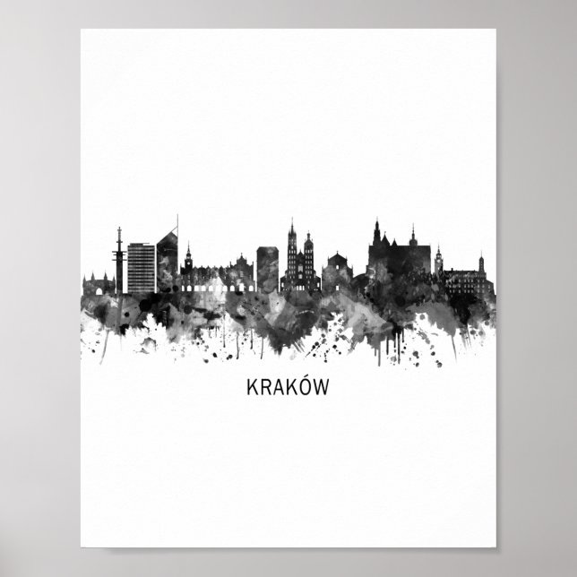 Poster Krakow Polônia Skyline BW (Frente)