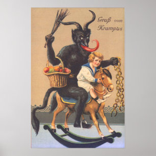 Póster Krampus montando um hobbyhorse com menino