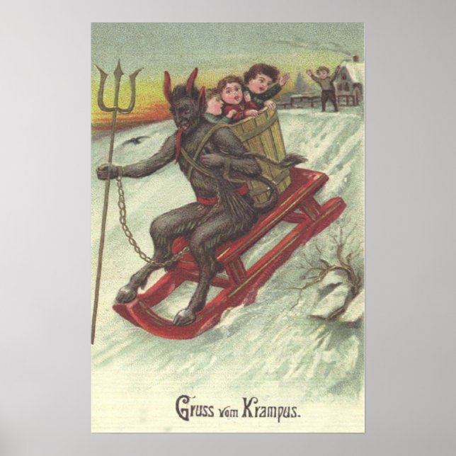 Poster Krampus sequestrando crianças com forcado de trenó (Frente)