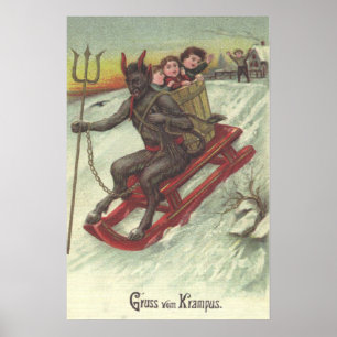 Poster Krampus Sequestrando Crianças Em Sleigh Pitchfork