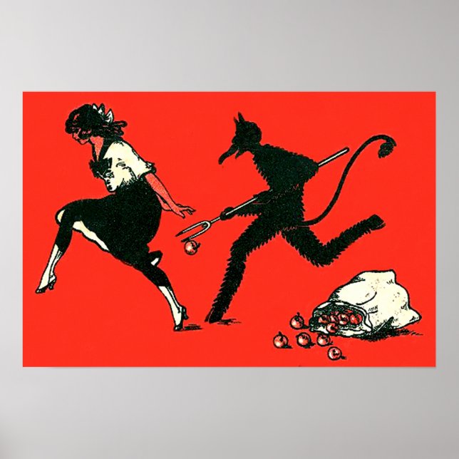 Poster Krampus Vermelho Perseguindo Mulher Maçãs (Frente)