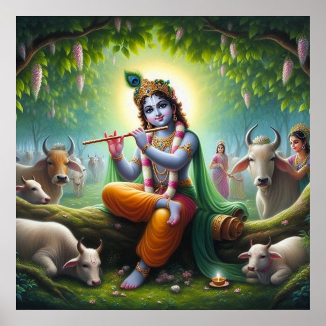 Poster Krishna Tocando Flauta sob a Árvore Kadamba (Frente)