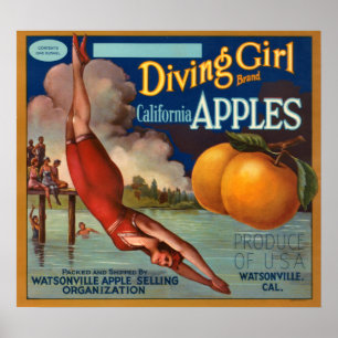 Póster KRW Vintage Diving Girl Apple Fruit Crate Label