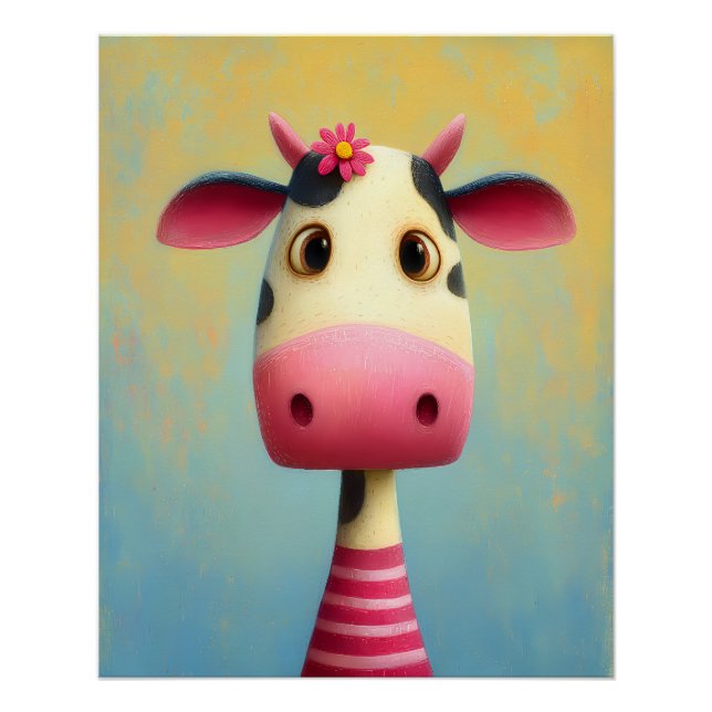 Póster Kuh Portrait mit Blumen - rosa gestreift - Cartoon (Frente)