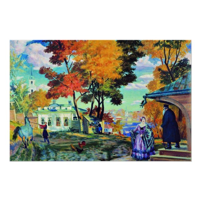 Póster Kustodiev - outono, pintura de arte de 1924, (Frente)