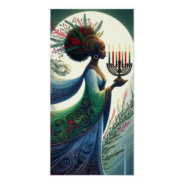 Póster Kwanzaa Linda Mulher com Kinara (Frente)