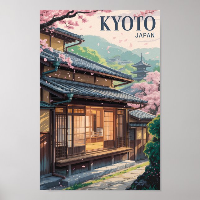 Poster Kyoto Japan House Illustration Travel Art Vintage (Frente)