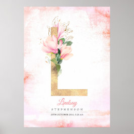 Poster L Letra Monograma Folhas Douradas Magnólia Floral 