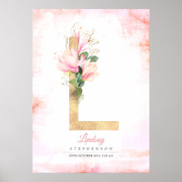 Poster L Letra Monograma Folhas Douradas Magnólia Floral 